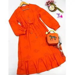 مانتو پیراهنی خامه دوزی نارنجی (شارژ)