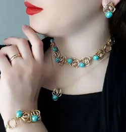 ست دوبل مروارید و گل فیروزه ای