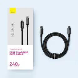 کابل سوپر فست شارژ تایپ سی به تایپ سی 240 وات 3 متر بیسوس Baseus Tungsten Gold USB C to USB C cable 480Mbs 240W 3m CAWJ040201