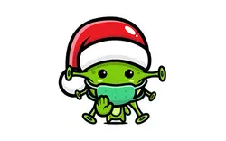ویروس با کلاه بابانوئل و ماسک - Virus wearing santa hat with stop virus pose