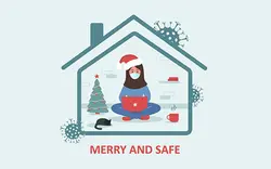 خانم باحجاب با کلاه بابانوئل و ماسک - Merry and safe holidays