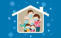 کاراکتر خانواده با ماسک در خانه – Family wearing a mask to prevent virus in house icon