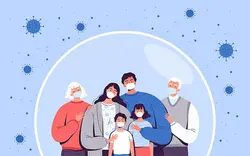 کاراکتر خانواده با ماسک در یک حباب محافظ ایستاده اند – Family in masks stands in a protective bubble