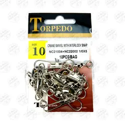 هرزگرد ماهیگیری TORPEDO سایز ۱/۰،بسته۱۰عددی، TORPEDO CRANE SWIVEL WITH INTERLOCK SNAP#1/0,10PCS | فرا کمپ| فروشگاه لوازم ماهیگیری و کمپینگ