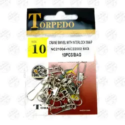 هرزگرد ماهیگیری TORPEDO سایز ۶،بسته۱۰عددی، TORPEDO CRANE SWIVEL WITH INTERLOCK SNAP#6,10PCS | فرا کمپ| فروشگاه لوازم ماهیگیری و کمپینگ