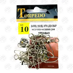 هرزگرد ماهیگیری TORPEDO طرح فرانسه سایز۲،بسته۱۰عددی، TORPEDO BARREL SWIVEL WITH LOCK SNAP#2,10PCS | فرا کمپ| فروشگاه لوازم ماهیگیری و کمپینگ