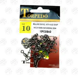 هرزگرد ماهیگیری TORPEDO سایز۵،بسته۱۰عددی، TORPEDOROLLING SWIVEL WITH NICE SNAP#5, 10PCS | فرا کمپ| فروشگاه لوازم ماهیگیری و کمپینگ