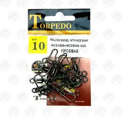هرزگرد ماهیگیری TORPEDO سایز۳،بسته۱۰عددی، TORPEDOROLLING SWIVEL WITH NICE SNAP#3, 10PCS | فرا کمپ| فروشگاه لوازم ماهیگیری و کمپینگ