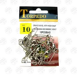 هرزگرد ماهیگیری TORPEDO سایز۱/۰،بسته۱۰عددی، TORPEDO CRANE SWIVEL WITH HOOK SNAP#1/0, 10PCS | فرا کمپ| فروشگاه لوازم ماهیگیری و کمپینگ