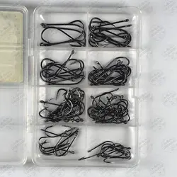 قلاب ماهیگیری کپوری ۸ سایز پایه بلند مختلف مجموعه ۱۰۰ عددی  به همراه جعبه قلاب