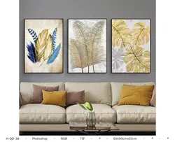 تابلو دکوراتیو سه تکه مدرن برگ انجیری و پر ورق طلا | ارسال رایگان