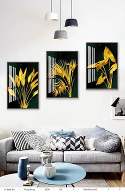 تابلو دکوراتیو برگ طلایی متنوع سه تکه | جاجیم