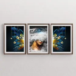 تابلو دکوراتیو مدرن سه تکه پرتره زن با پروانه | ارسال رایگان