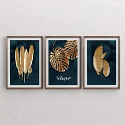 تابلو دکوراتیو سه تکه مدرن برگ های پهن و طلایی | ارسال رایگان