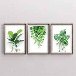 تابلو دکوراتیو سه تکه مدرن دسته های برگ های پهن سبز زیبا | ارسال رایگان