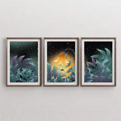 تابلو دکوراتیو سه تکه برگ سبز با پرطلایی و گوزن مدرن | ارسال رایگان