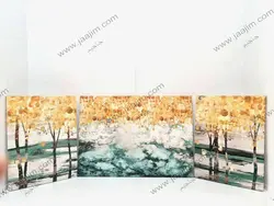 تابلو سه تکه گل بزرگ آبستره آبی و ورق طلا کد TGOL30024 | ارسال رایگان