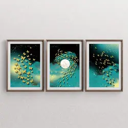 تابلو دکوراتیو سه تکه مدرن پروانه ، ماهی و پرنده های طلایی در ماه شب آخر کد TPAR30024 | ارسال رایگان