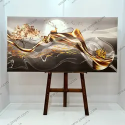 تابلو سه تکه انتزاعی کوه ها و پرندگان طلایی و آبی | جاجیم