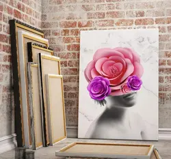 تابلوی فانتزی سه بعدی از پرتره دختر و گل رز بزرگ روی سر با ارسال رایگان | جاجیم