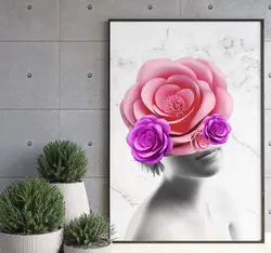 تابلوی فانتزی سه بعدی از پرتره دختر و گل رز بزرگ روی سر با ارسال رایگان | جاجیم