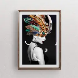 تابلو چهره زن سیاه و سفید مدرن با پر رنگی در سر کد T1t201 | ارسال رایگان | جاجیم