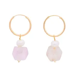 گوشواره طلا حلقه‌ای مروارید و رز کوارتز | فروشگاه طلا و جواهر درگونه