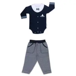 زیردکمه آستین بلند و شلوار کوکالو طرح سرمه ای پاپیون سایز نوزادی تا 3 سال