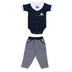 زیردکمه آستین کوتاه و شلوار کوکالو طرح سرمه ای پاپیون سایز نوزادی تا 3 سال