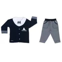 آستین بلند و شلوار کوکالو مدل سرمه ای پاپیون سایز نوزادی تا یکسال