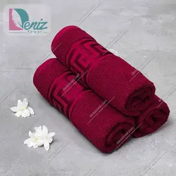 حوله دستی بسته سه عددی طرح ورساچه رنگ زرشکی - deniztowel