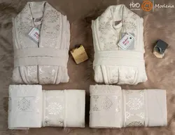 حوله ست دو نفره مودنا رنگ شیری و کرم - deniztowel