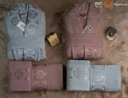 حوله ست دو نفره مودنا رنگ نقرابی و کالباسی - deniztowel