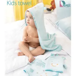 حوله نوزادی ۳ تکه کارتونی رنگ آبی - deniztowel