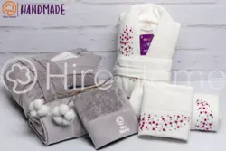 حوله ست دو نفره HANDMADE رنگ شیری و فیلی - deniztowel