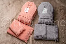 ست دو نفره طرح بونیتو رنگ طوسی و گلبهی - deniztowel