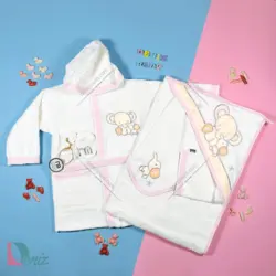 حوله نوزادی M-baby طرح فیل رنگ سفید صورتی - deniztowel