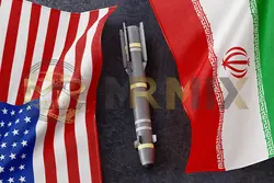 عکس پرچم ایران و پرچم آمریکا. خطر اتمی هسته ای مفهوم جنگ