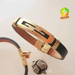 دستبند چرمی مردانه با طرح استیل طلایی - بدلیجات و زیورآلات زرلوکس