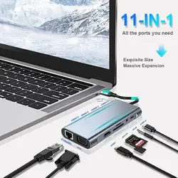 مبدل و هاب تایپ سی 11 کاره  4K HDMI, VGA, Type C PD, USB3.0, RJ45 Ethernet, SD/TF Card Reader, 3.5mm AUX