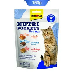 تشویقی گربه با طعم میکس ماهی قزل آلا و سالمون و میگو جیم کت (GimCat) وزن 150 گرم