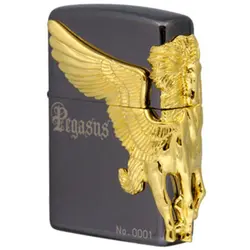 فندک زیپو لیمیتد ادیشن مشکی طلایی کد Zippo Pegasus Black 3 Side Gold Metal 11258