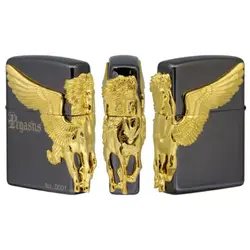 فندک زیپو لیمیتد ادیشن مشکی طلایی کد Zippo Pegasus Black 3 Side Gold Metal 11258