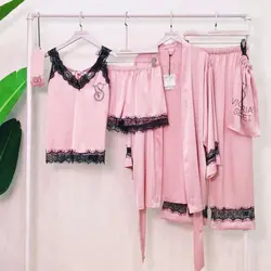 لباس خواب زنانه ویکتوریا سکرت مدل شش تکه ساتن ابریشم نگین دار کد 357