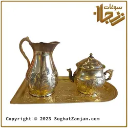 سرویس سماور مسی یک لیتری زغالی قدیمی طرح گل برجسته زنجان