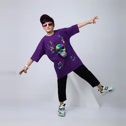 بلوز شلوارک پسرانه طرح اسکلت بنفش