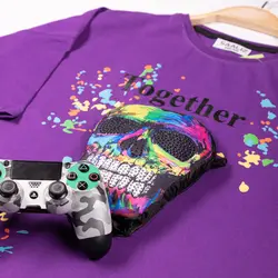 بلوز شلوارک پسرانه طرح اسکلت بنفش