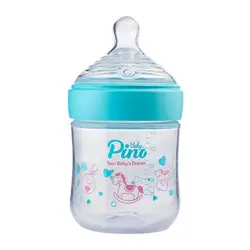 شیشه شیر 150 میل 0 تا 6 ماه با سرشیشه ای سایزSمتوسط دارای سه سوراخ پینو بیبی