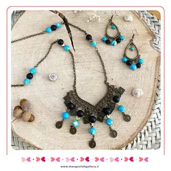 نیم ست زیورآلات با سنگ فیروزه آفریقایی و اونیکس مشکی