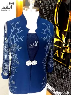 خرید کت زنانه لاکچری مدل رامش کت مجلسی زنانه آبی جواهر دوزی